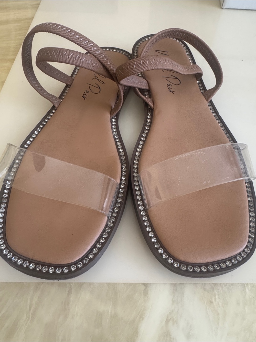 Wild Pair Brown Sandals with Clear Strap and Rhinestone Accent